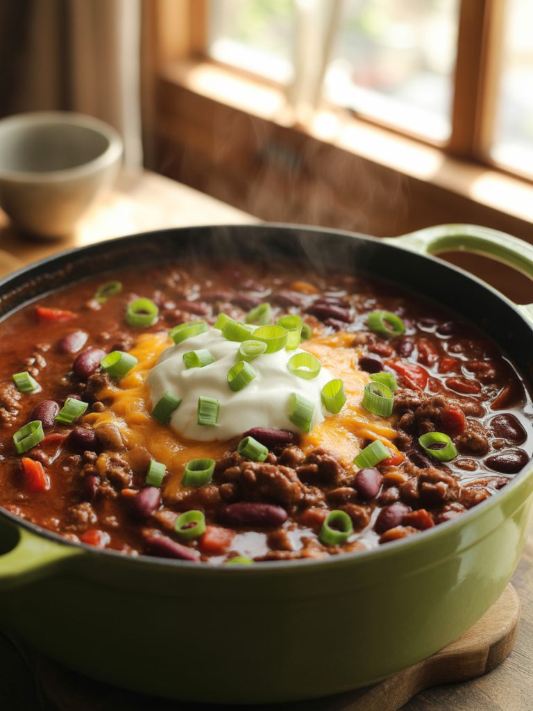 Hearty one pot chili with ground beef and beans topped with cheese and sour cream
