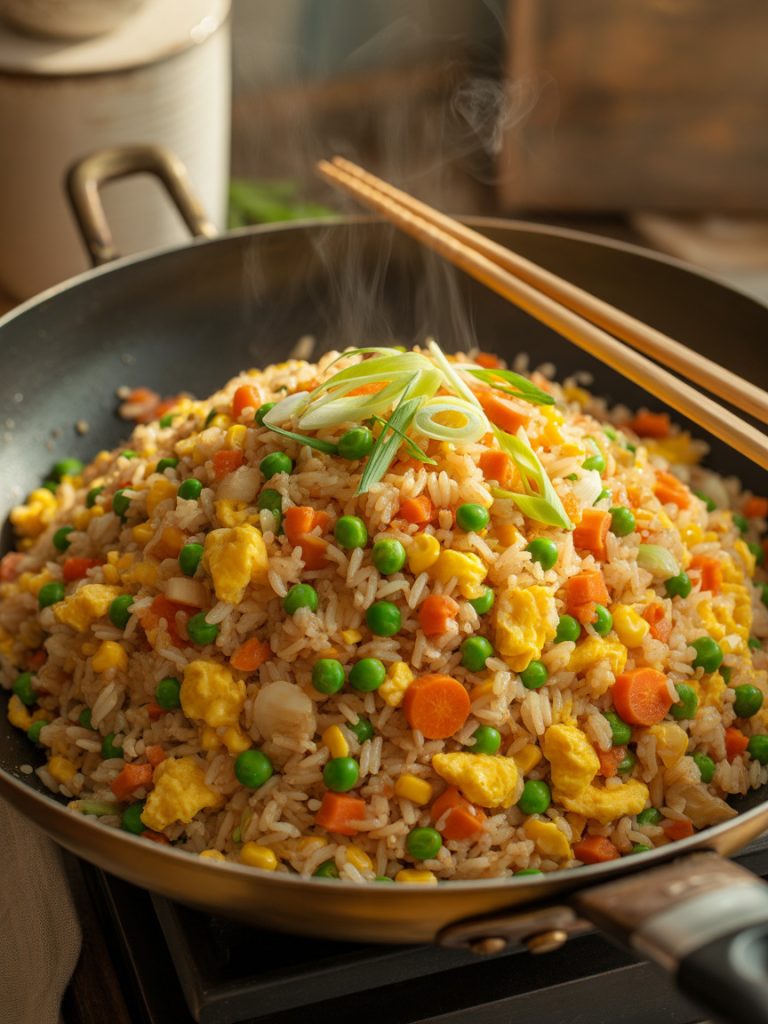 Colorful vegetable fried rice with eggs and soy sauce in a large wok