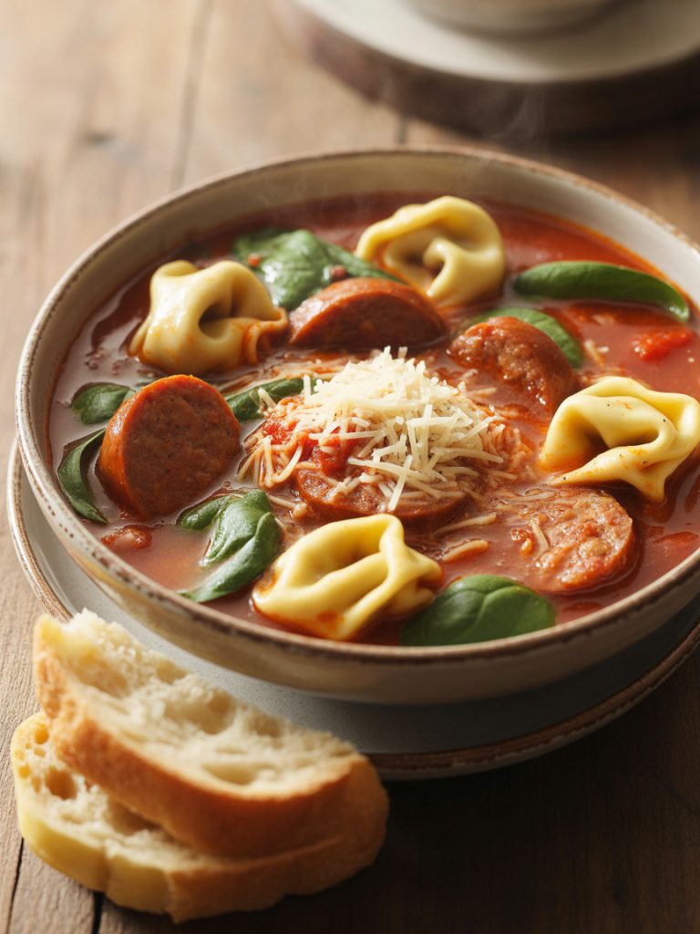 Bowl of sausage tortellini soup with spinach in tomato broth