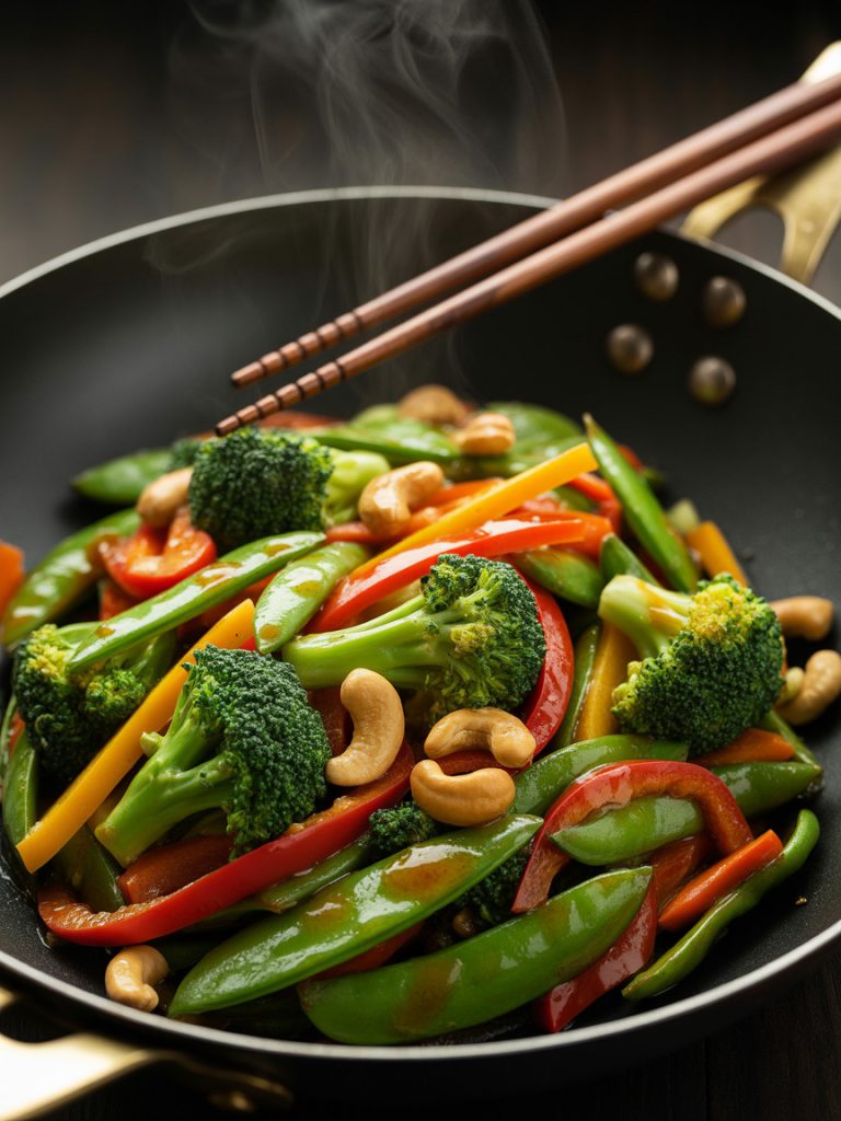 Easy vegan vegetable stir-fry with cashews in savory sauce