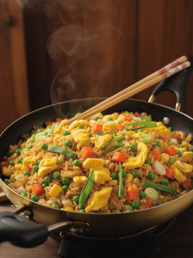 Homemade fried rice with scrambled eggs mixed vegetables and soy sauce quick cheap dinner recipe