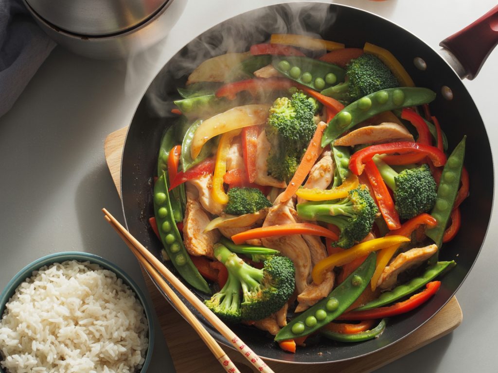 Colorful vegetable and chicken stir-fry in wok with chopsticks on wooden table