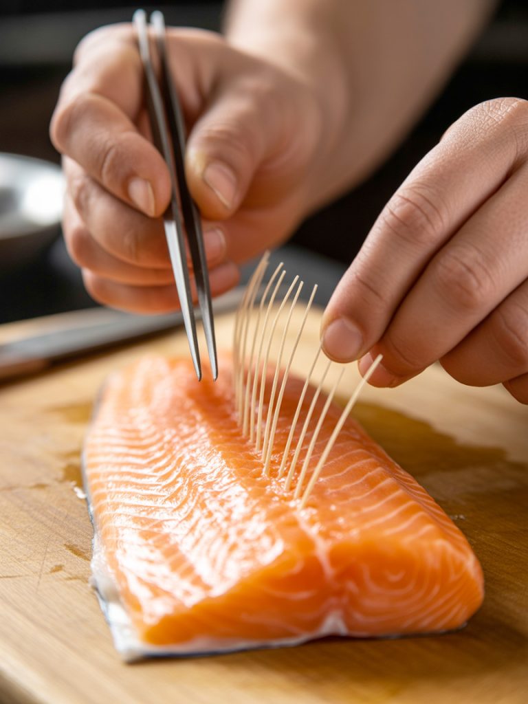 Hands using tweezers to pull pin bones from raw salmon fillet on cutting board