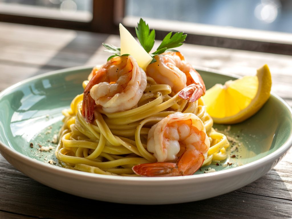 Side view of garlic butter shrimp pasta in white bowl with shrimp on top and lemon wedge garnish