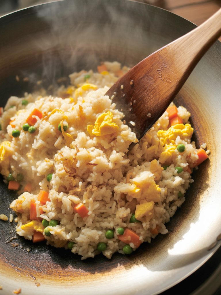 Fried rice cooking in hot wok showing golden toasted grains and vegetables being tossed