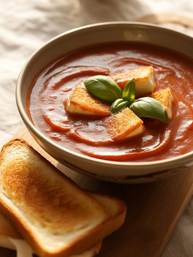 Bowl of roasted tomato basil soup topped with grilled cheese croutons