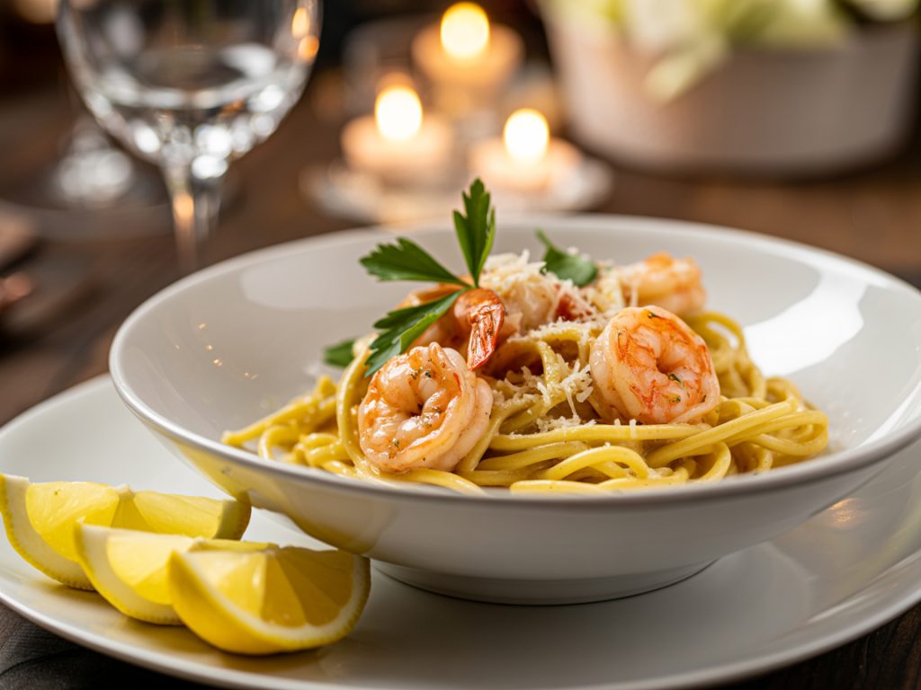 Elegant pasta dish with shrimp in lemon butter sauce garnished with parsley and parmesan