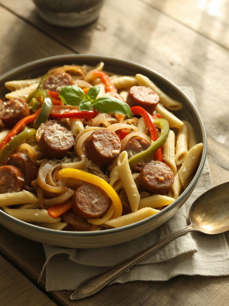 Italian sausage and peppers pasta with colorful bell peppers and onions in bowl