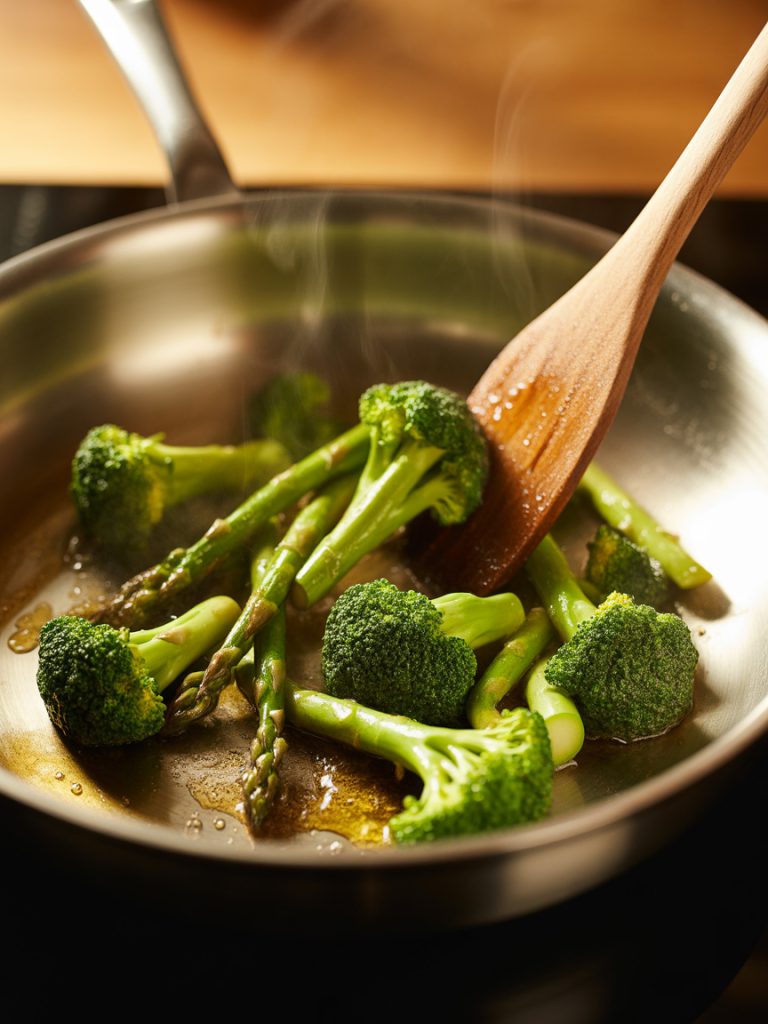 Bright green broccoli and asparagus sautéing in skillet with olive oil developing golden edges