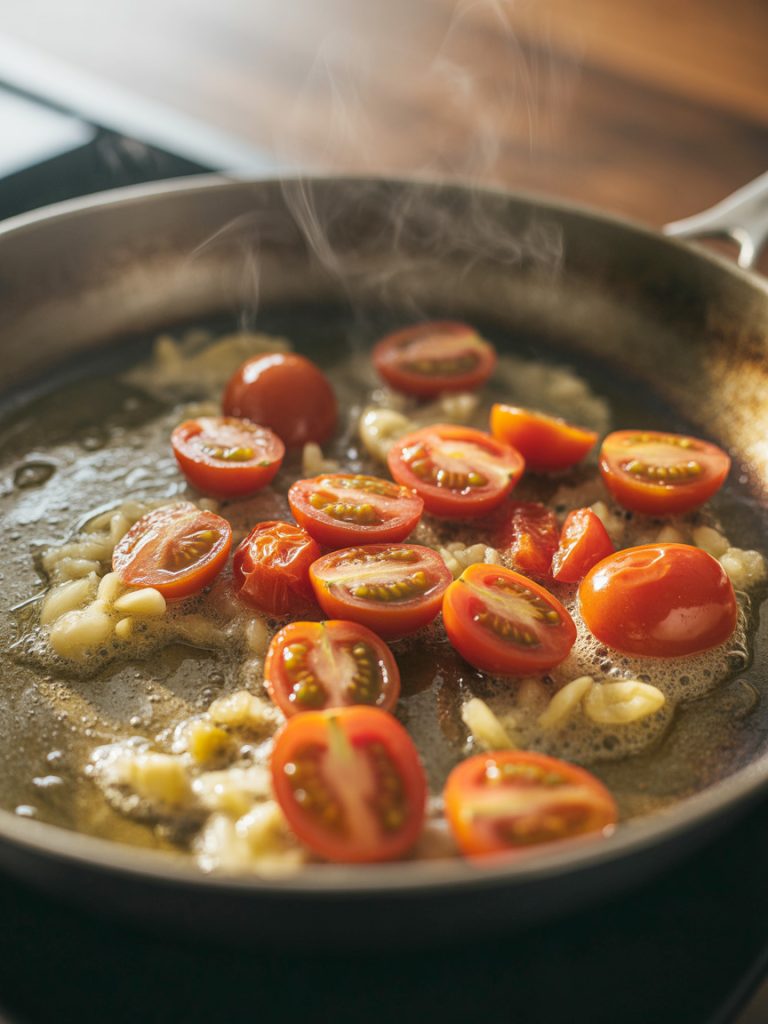 Halved cherry tomatoes caramelizing cut-side down in skillet with garlic and olive oil