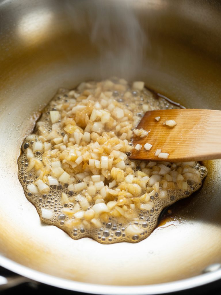 Diced onions and minced garlic sizzling in hot oil in wok being stirred with spatula