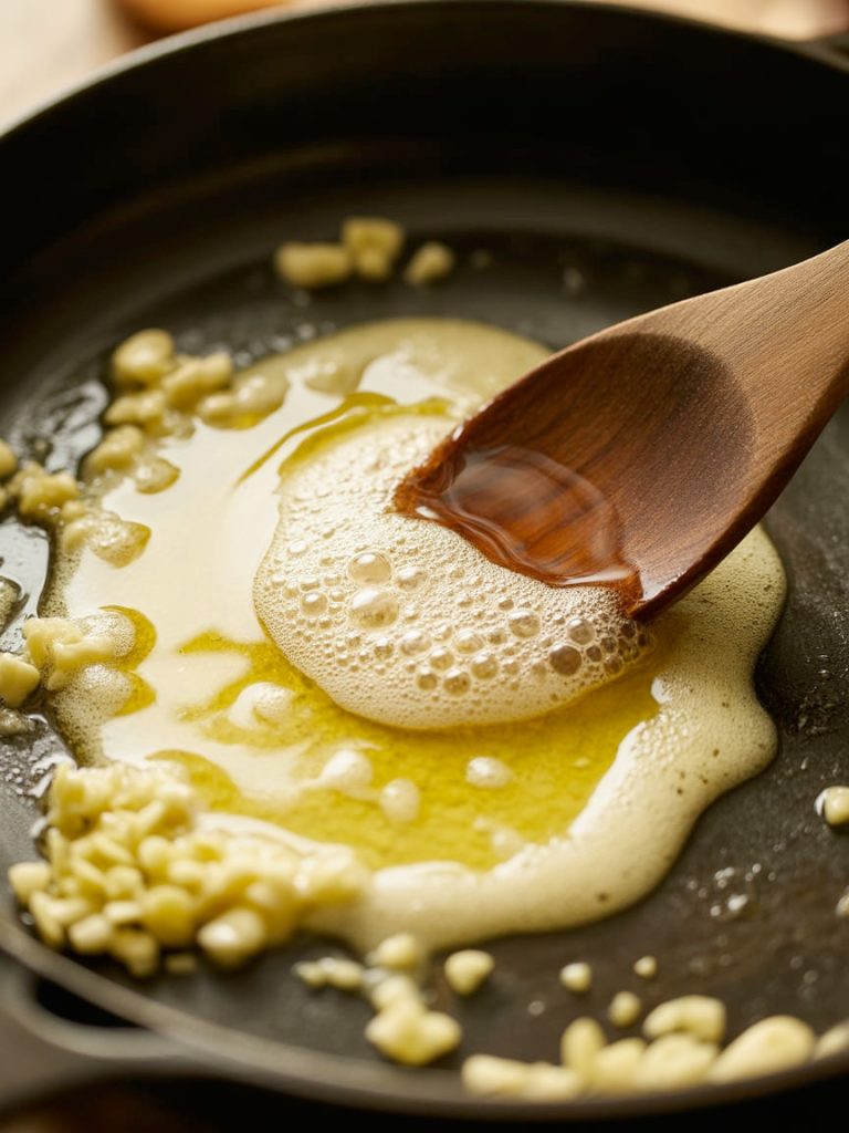 Minced garlic sizzling in melted golden butter in skillet with wooden spoon stirring