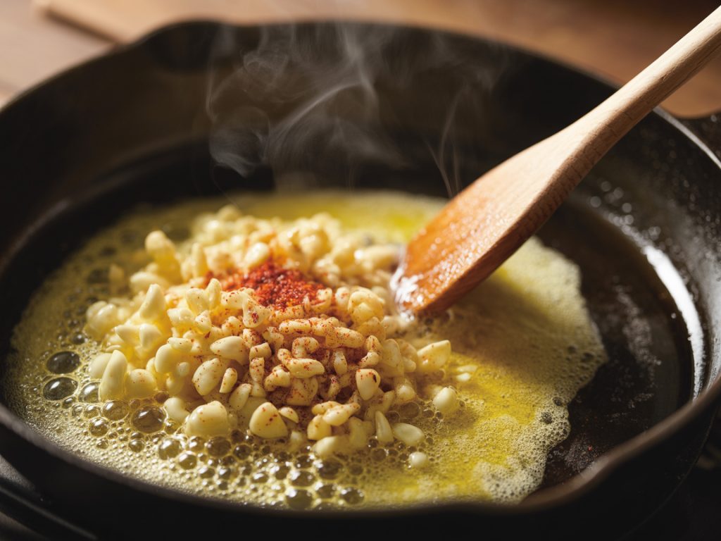 Minced garlic sizzling in melted golden butter with red pepper flakes in skillet