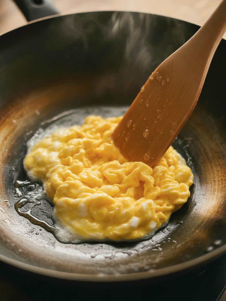 Eggs being scrambled into small curds in hot wok with spatula for fried rice