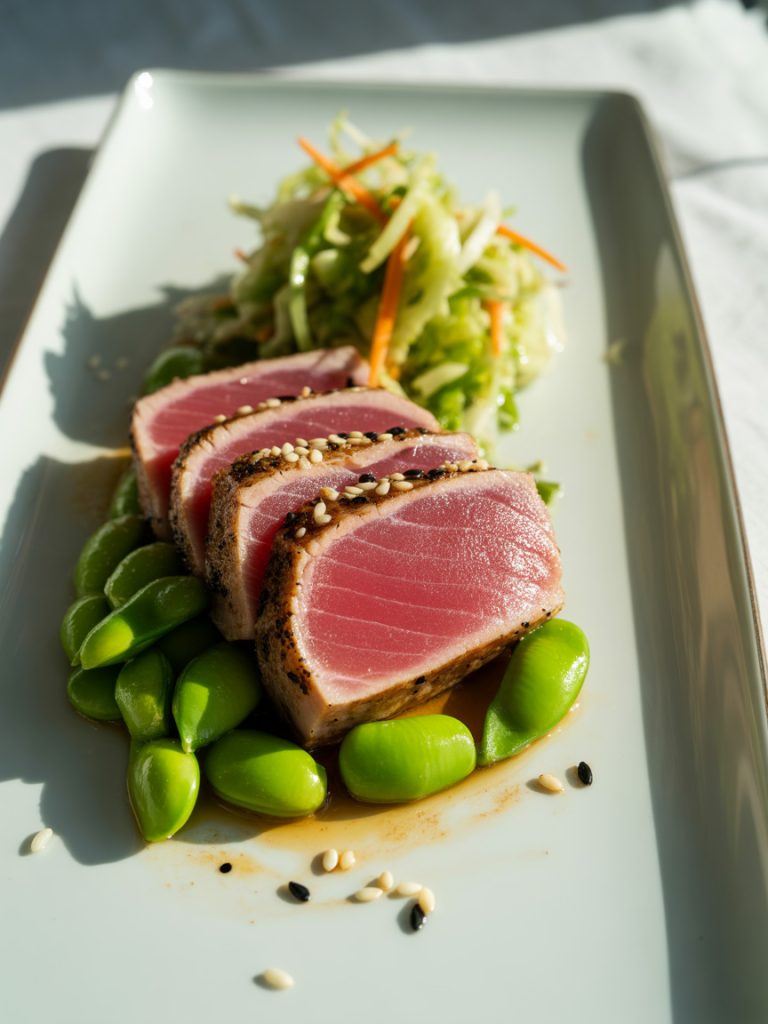 Seared tuna steak with pink center served alongside steamed edamame and Asian slaw