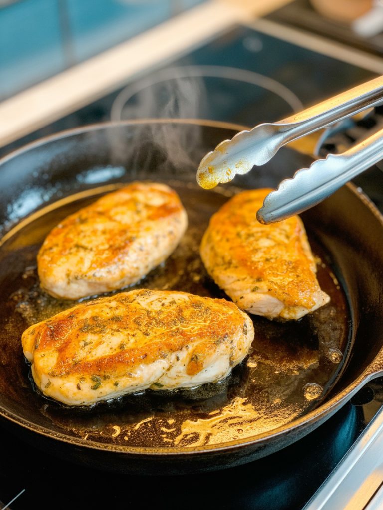 Seasoned chicken breasts developing golden-brown crust while searing in cast iron skillet with oil