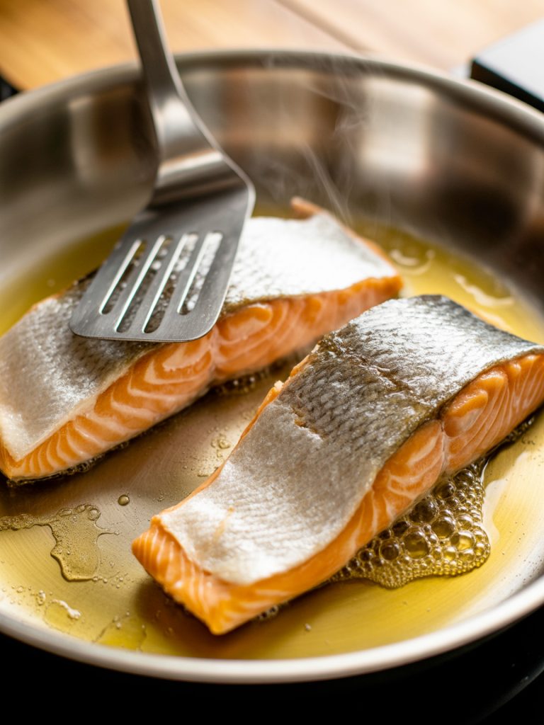 Salmon fillets searing skin-side down in hot skillet with spatula pressing for crispy skin