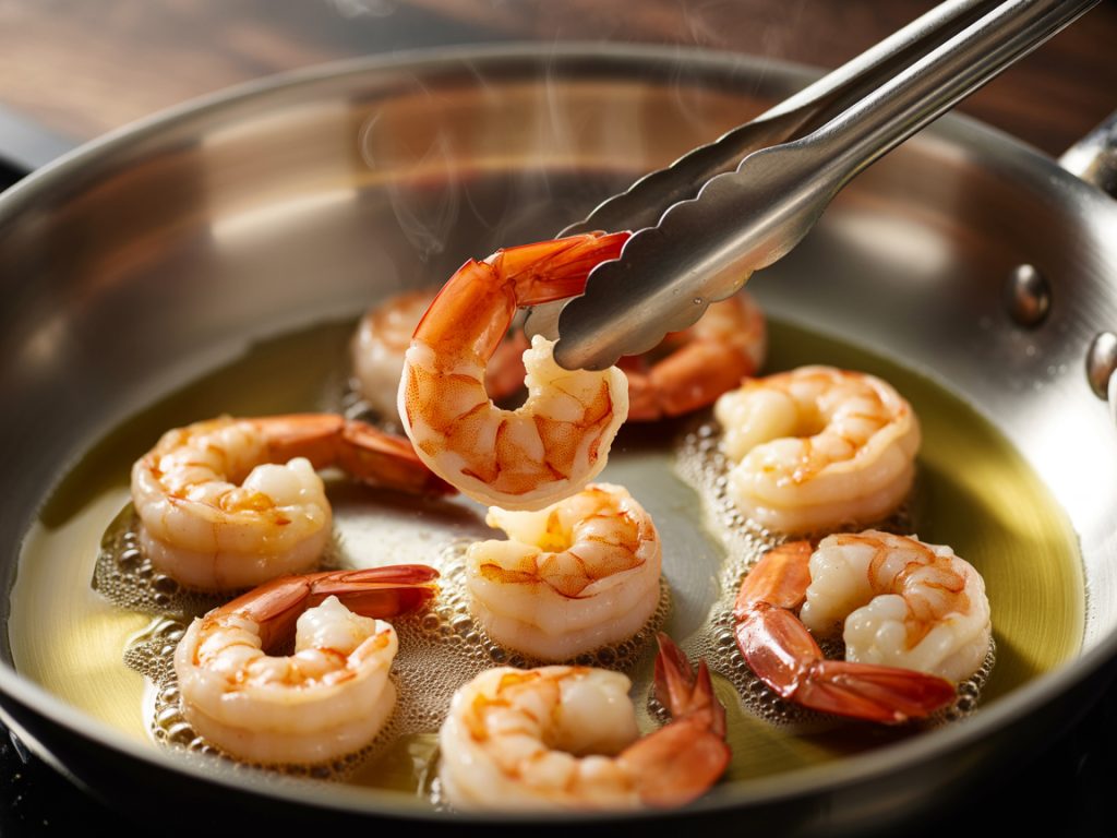 Pink shrimp being seared in stainless steel skillet showing golden-brown caramelization