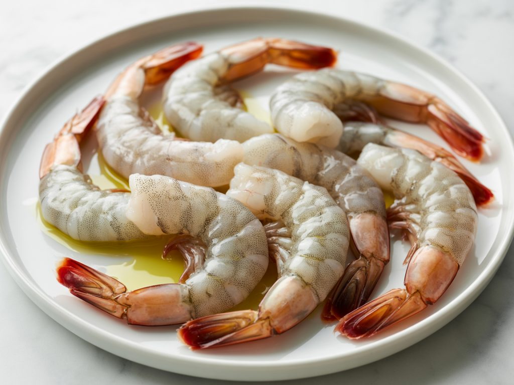 Raw large shrimp seasoned with salt and black pepper arranged on white plate ready to cook