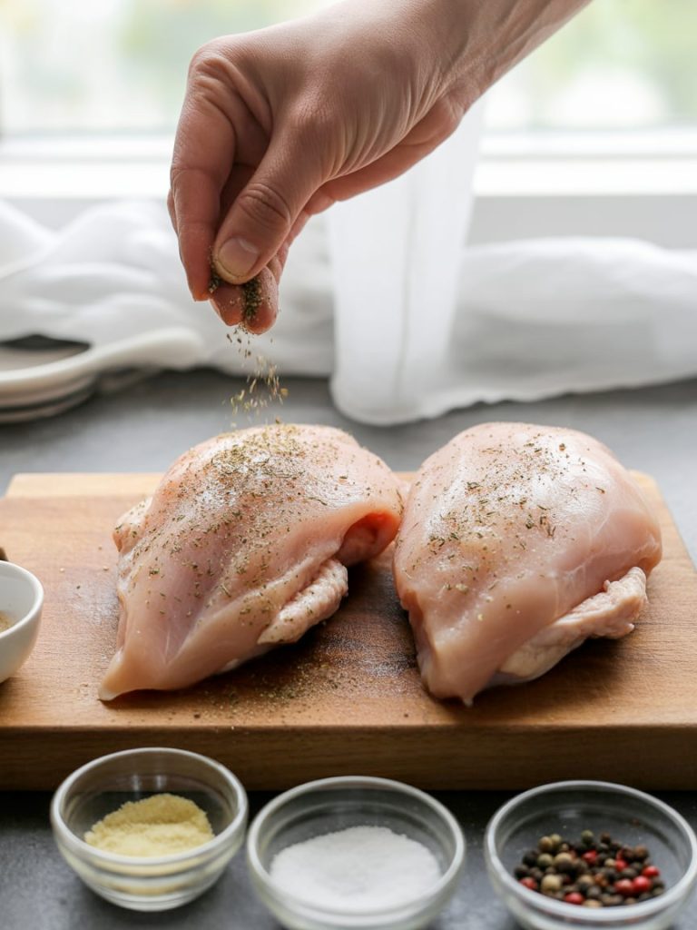 Raw chicken breasts being seasoned with Italian herbs, salt and pepper on cutting board