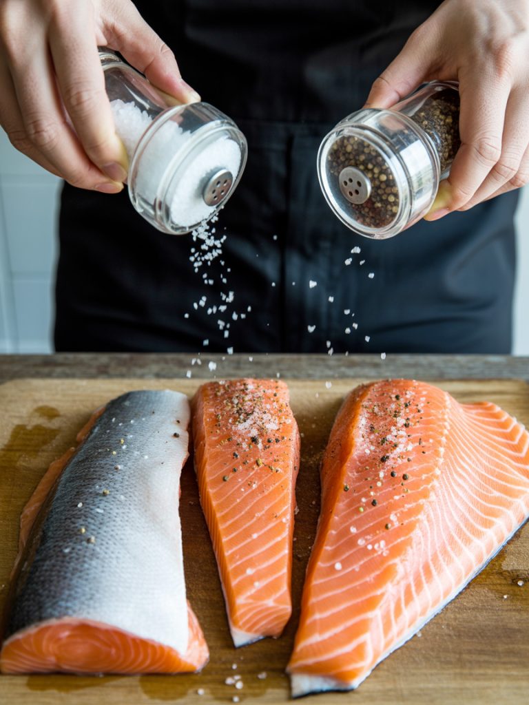 Raw salmon fillets being generously seasoned with salt and pepper from mills on cutting board