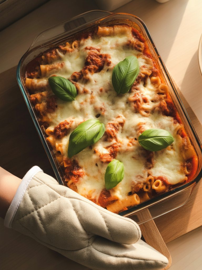 Baked ziti casserole with melted mozzarella cheese and marinara sauce in baking dish