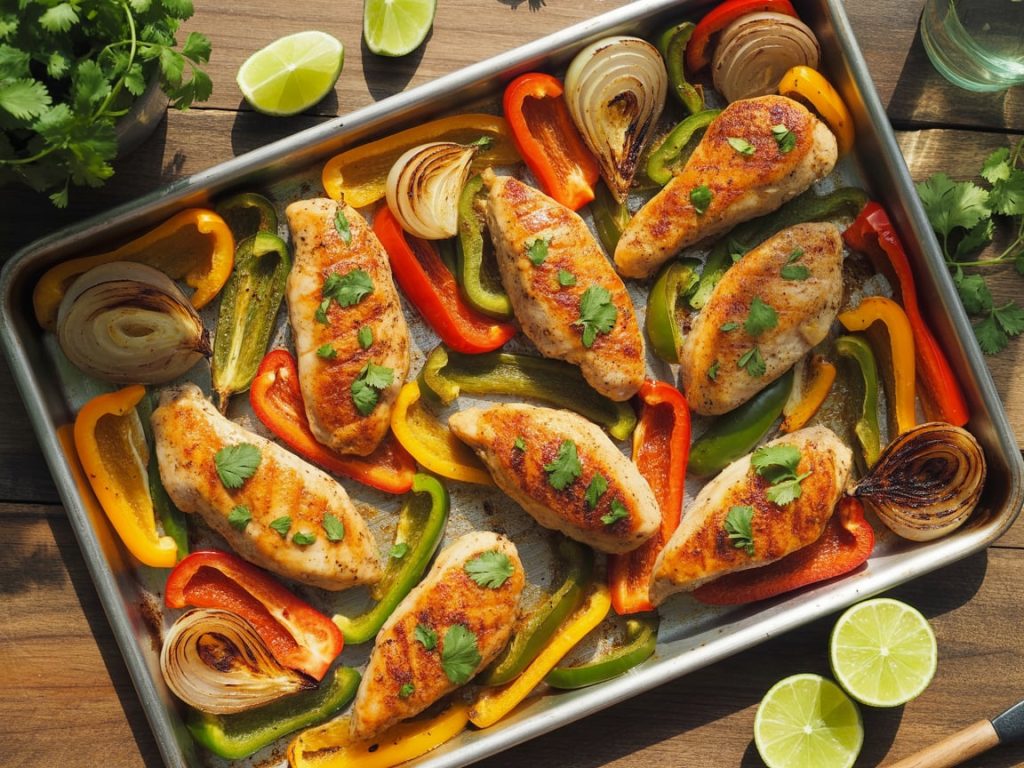 Colorful sheet pan chicken fajitas with seared chicken strips, roasted bell peppers and onions garnished with cilantro and lime wedges