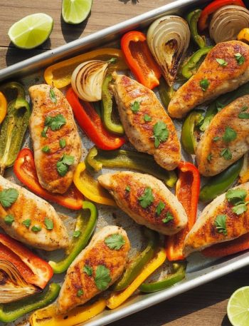 Colorful sheet pan chicken fajitas with seared chicken strips, roasted bell peppers and onions garnished with cilantro and lime wedges
