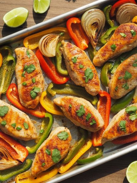 Colorful sheet pan chicken fajitas with seared chicken strips, roasted bell peppers and onions garnished with cilantro and lime wedges