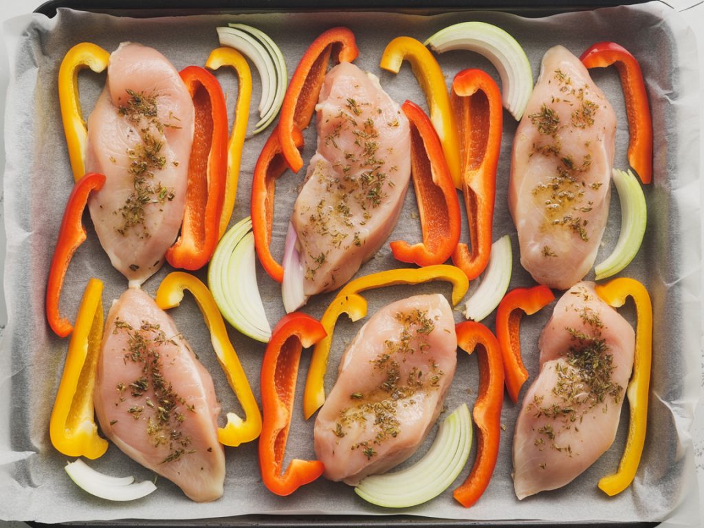 Raw seasoned chicken and vegetables arranged in single layer on sheet pan ready for roasting