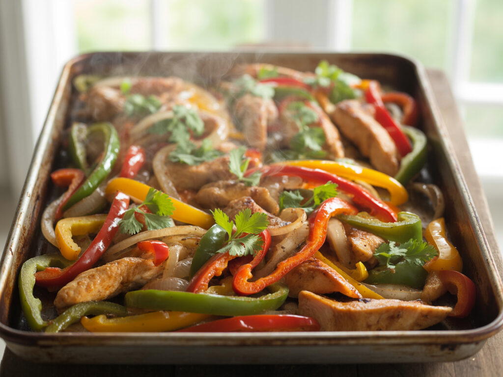 Colorful sheet pan chicken fajitas with bell peppers and onions straight from the oven