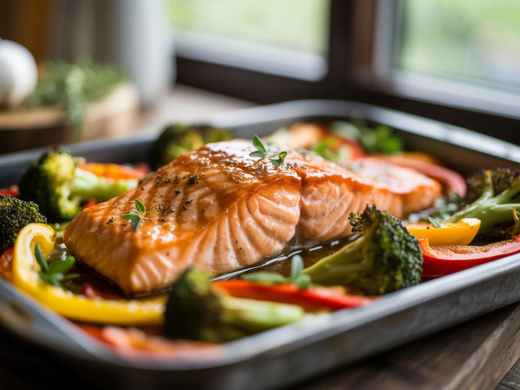 Baked honey garlic salmon fillet on sheet pan with roasted broccoli and bell peppers, golden brown finish