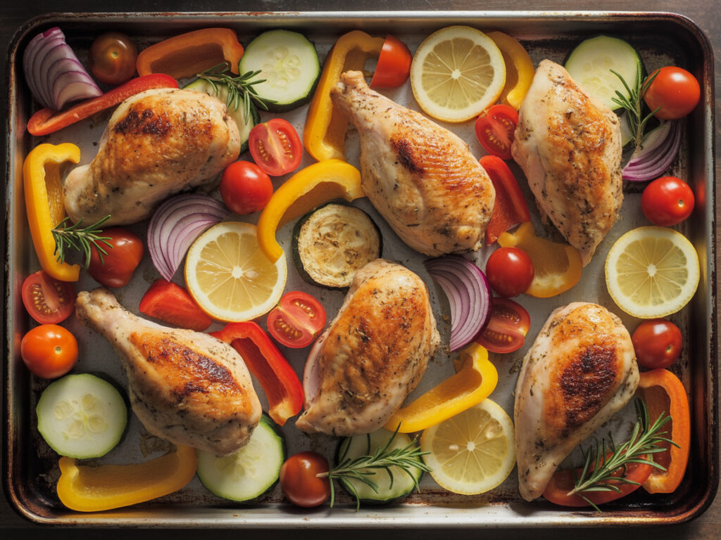 Healthy sheet pan chicken dinner with roasted vegetables and fresh herbs
