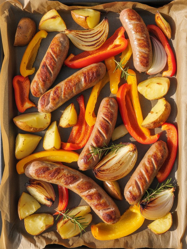 Sheet pan dinner with roasted sausage potatoes bell peppers and onions easy budget friendly meal