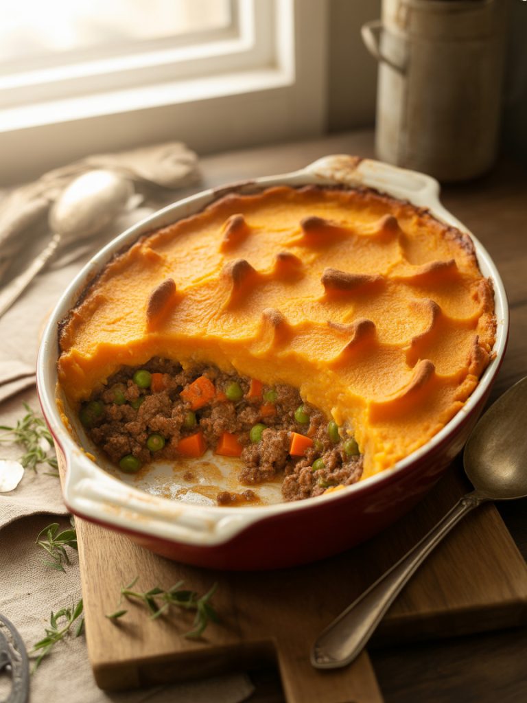 Shepherd's pie with golden sweet potato topping and beef filling visible