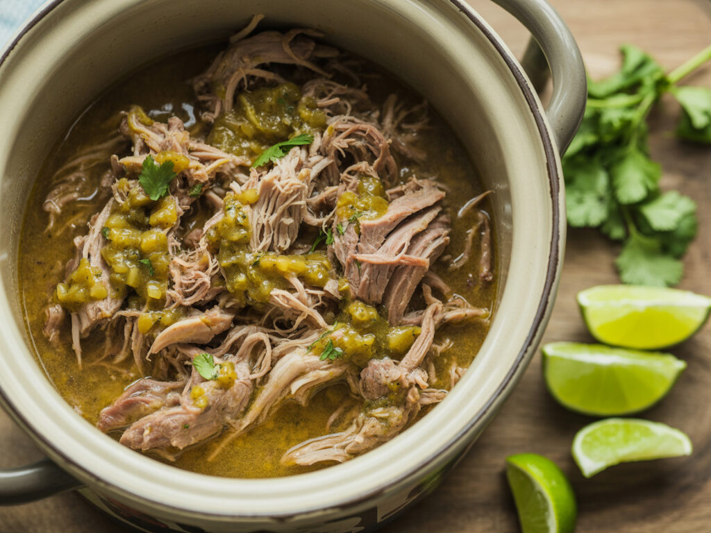 Shredded pork in green salsa verde sauce in crockpot for tacos and bowls
