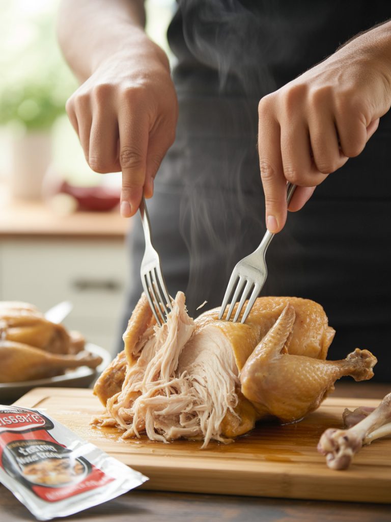 Hands using two forks to shred rotisserie chicken meat on cutting board for BBQ quesadillas