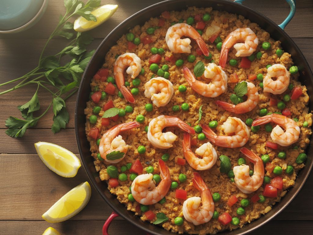 Large skillet of cauliflower rice paella with pink shrimp, peas, tomatoes, and lemon wedges