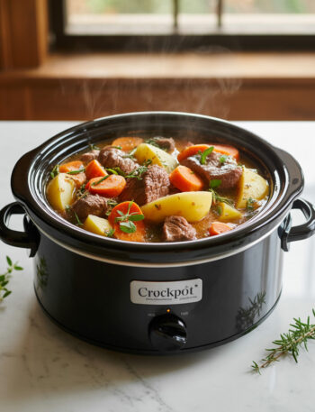Colorful crockpot dinner with tender meat and vegetables in a modern slow cooker on kitchen counter