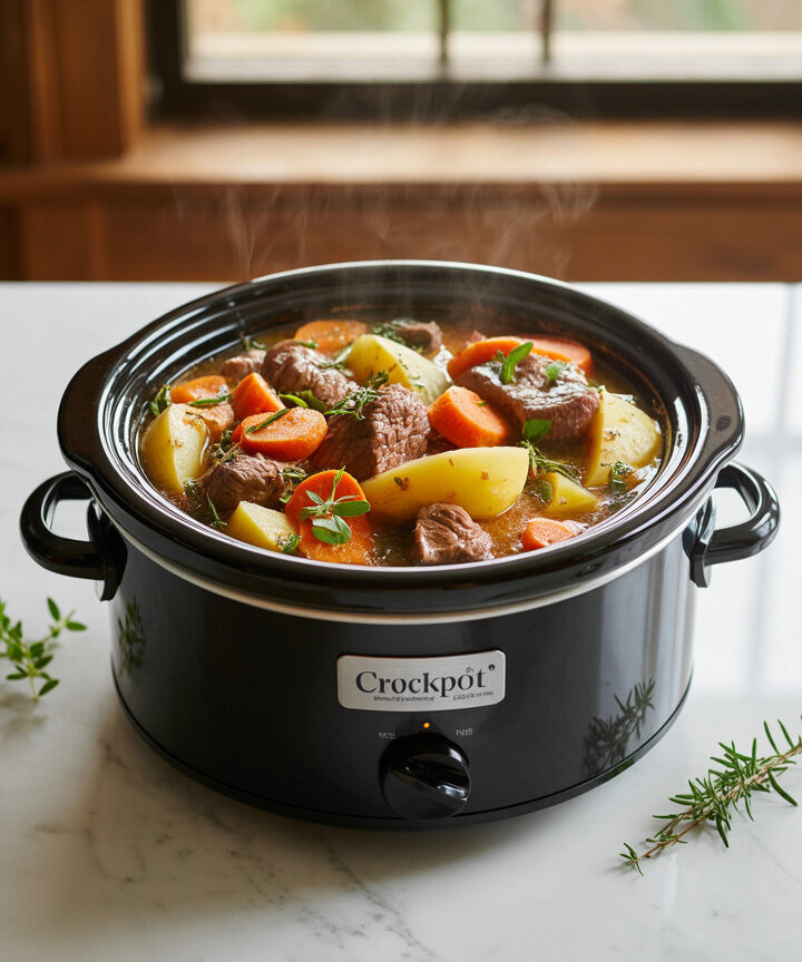 Colorful crockpot dinner with tender meat and vegetables in a modern slow cooker on kitchen counter
