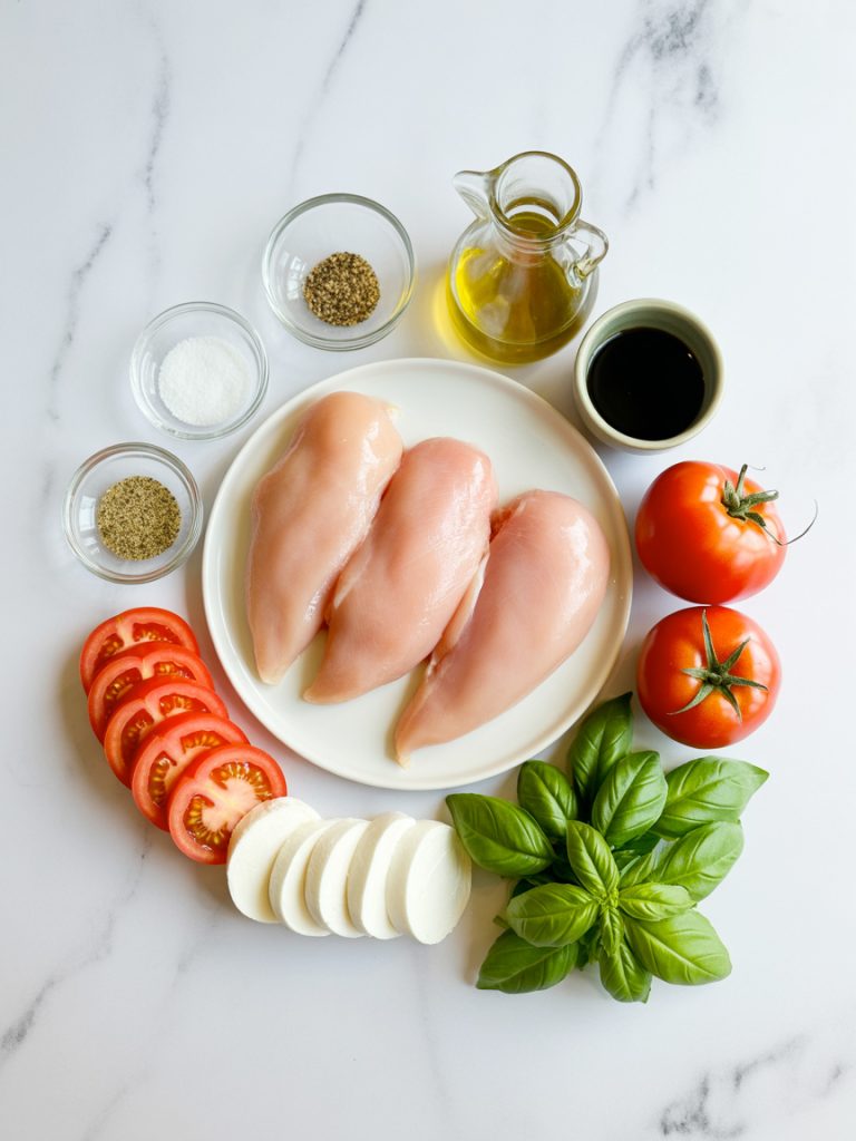 Organized flat lay of Caprese chicken ingredients including raw chicken, mozzarella, tomatoes, basil and seasonings on marble surface
