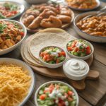 Colorful family dinner table with multiple kid-friendly healthy meals including tacos, pasta, and chicken dishes arranged appetizingly for picky eaters