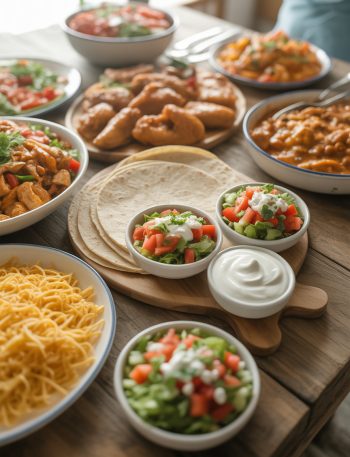 Colorful family dinner table with multiple kid-friendly healthy meals including tacos, pasta, and chicken dishes arranged appetizingly for picky eaters