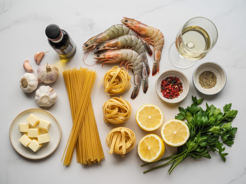 Simple Ingredients for Garlic Butter Shrimp Pasta