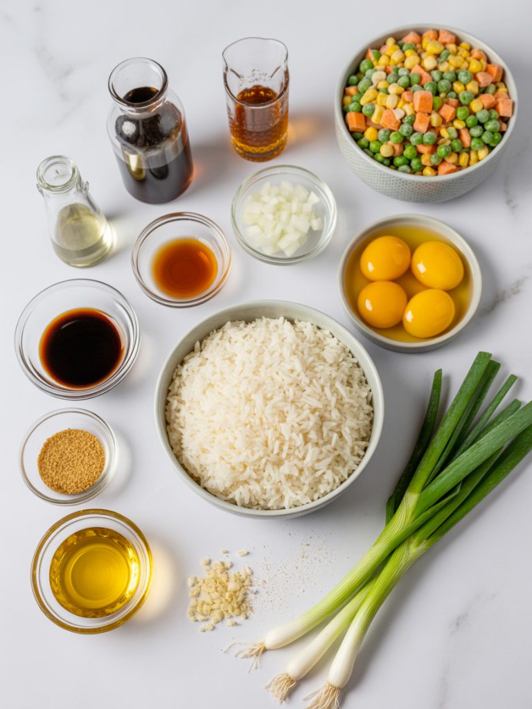 Organized flat lay of fried rice ingredients including cold rice, eggs, vegetables, soy sauce and seasonings
