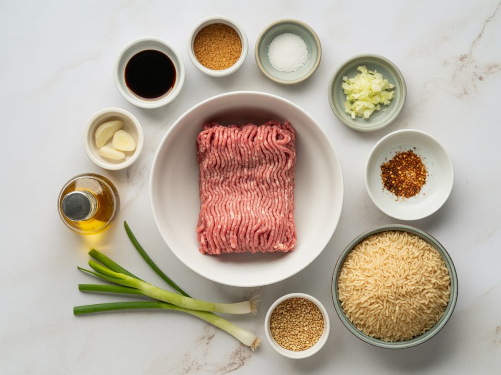 Organized flat lay of Korean beef bowl ingredients including ground beef, soy sauce, brown sugar, garlic, ginger and rice on marble surface