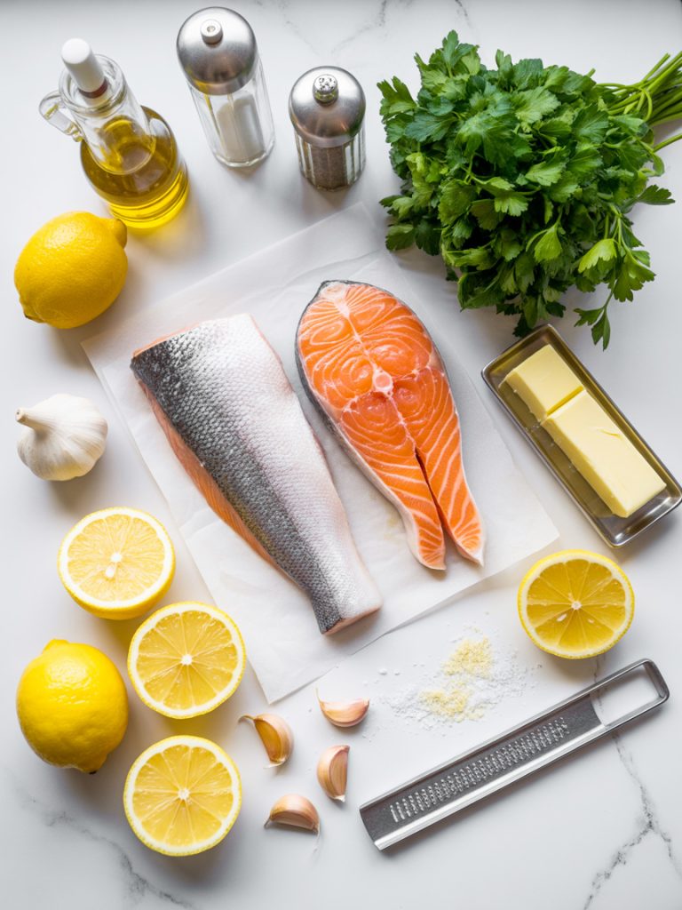 Organized flat lay of salmon ingredients including fresh fish, lemons, garlic, butter and herbs on marble surface