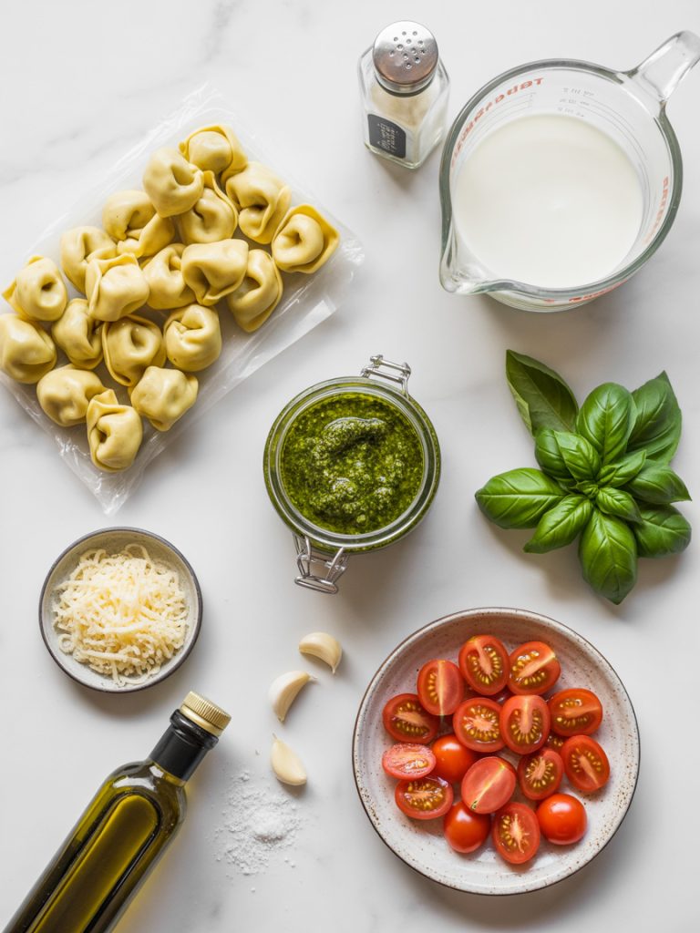 Organized flat lay of pesto tortellini ingredients including pasta, pesto jar, cream, tomatoes and fresh basil on marble surface