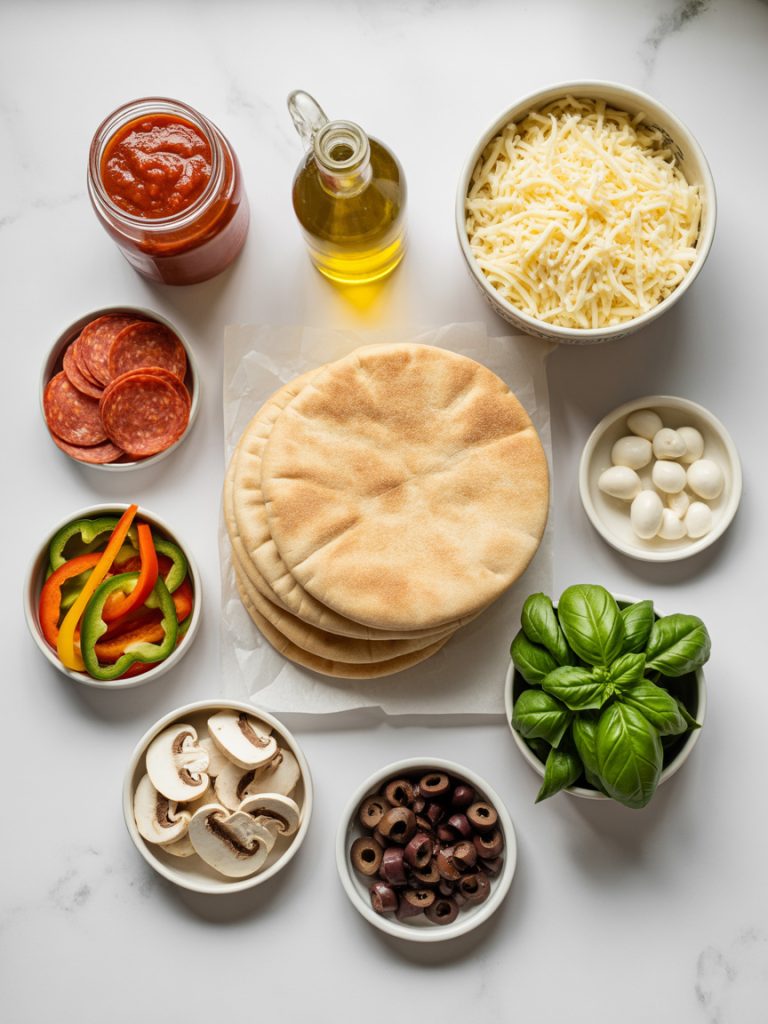 Organized flat lay of pita pizza ingredients including pita bread, sauce, cheese, pepperoni and vegetables on marble surface