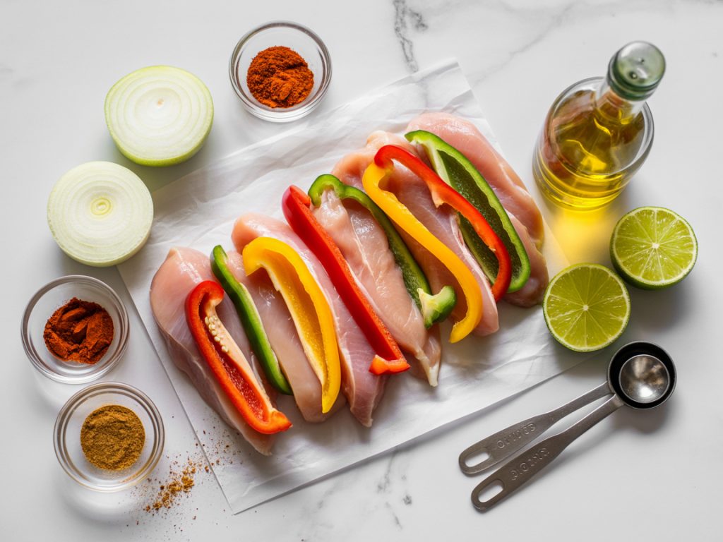 Organized flat lay of chicken fajita ingredients including raw chicken, colorful bell peppers, onions, spices and fresh limes on marble surface